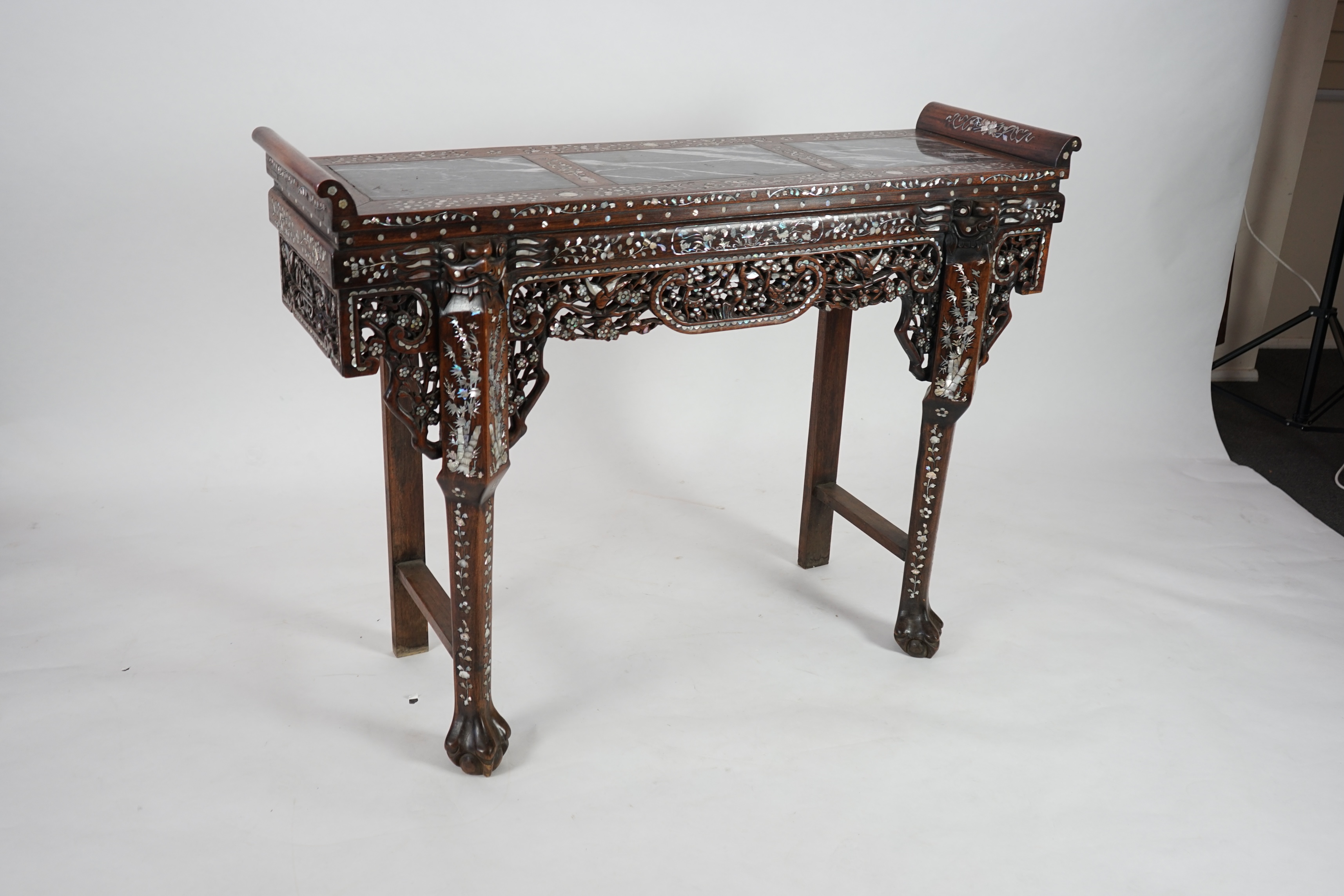 A good Chinese mother-of-pearl inlaid and marble topped hongmu altar table, late 19th/early 20th century